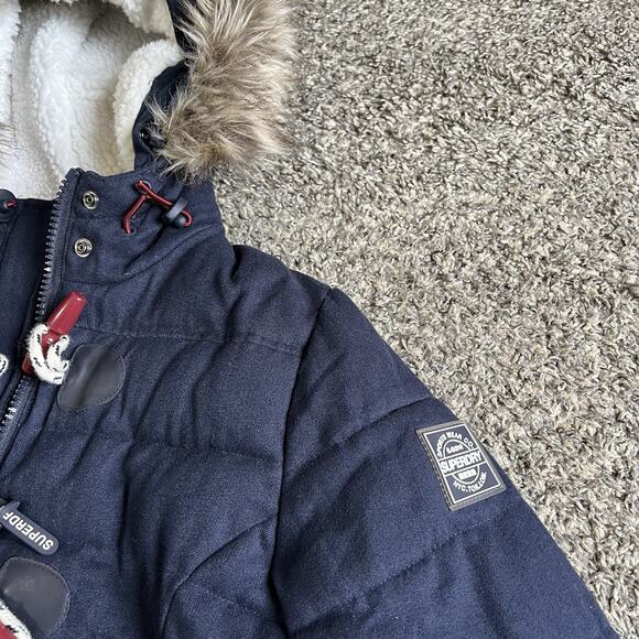 Superdry Tall Marl Toggle Puffer Jacket US 10 Navy Blue Hooded Faux Fur Trim - Picture 3 of 9